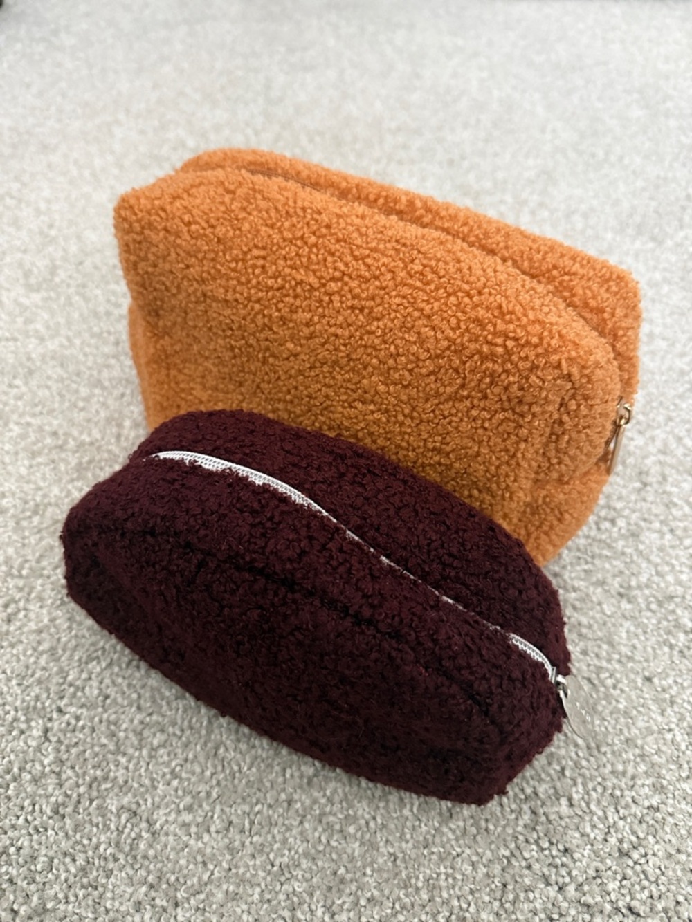 Sherpa Teddy Cosmetic Pouch Set in Burnt Orange and Burgundy